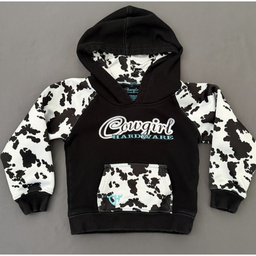 Cowgirl Hardware Hoodie Girls Size 5T Sweater Black Blue White Cow Print